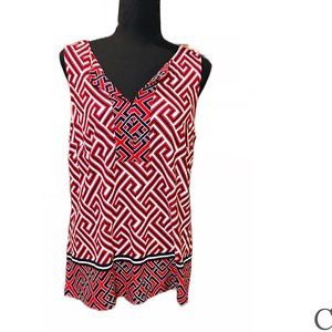 Crown & Ivy Red, White & Blue Sleeveless Split Neck Top Sz L NWT